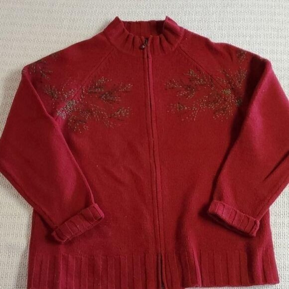 Woolrich Wool Hand Embroidered Front & Back Burgandy Red Sz. L Zippered Cardigan - Picture 1 of 9